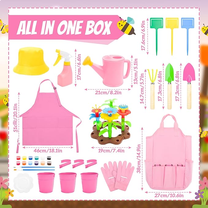 deAO Kids Gardening Set Arts and Crafts for Kids Paint Garden Tools DIY Flower Building Toys with Shovel, Trowel, Rake, Water Can,Gloves,Tote Bag,Apron,Painting Accessories,Outdoor Gift for Boys Girls