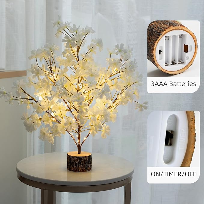 Lighted Cherry Blossom Tree Artificial, 19 Inch Faux Bonsai Tree Japanese Decor, Battery Operated Floral Desktop Tree for Indoor Home Spring Summer Easter,White