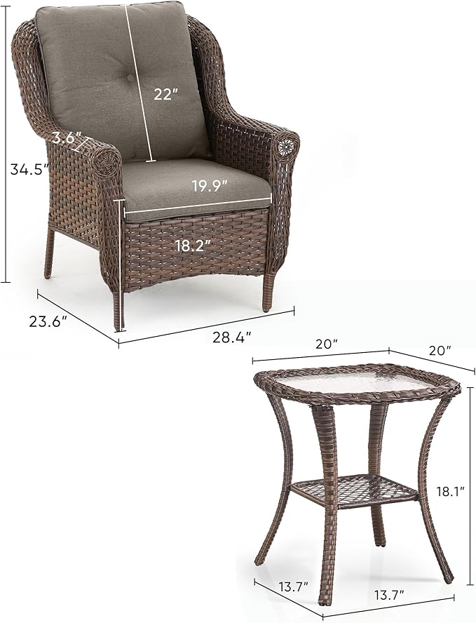 3 Piece Patio Brown Wicker Chairs with Side Table - Outdoor High Back Heavy Duty All-Weather Lawn Dining Rattan Chair Conversation Bistro Set for Deck Porch Balcony Backyard Garden - Grey