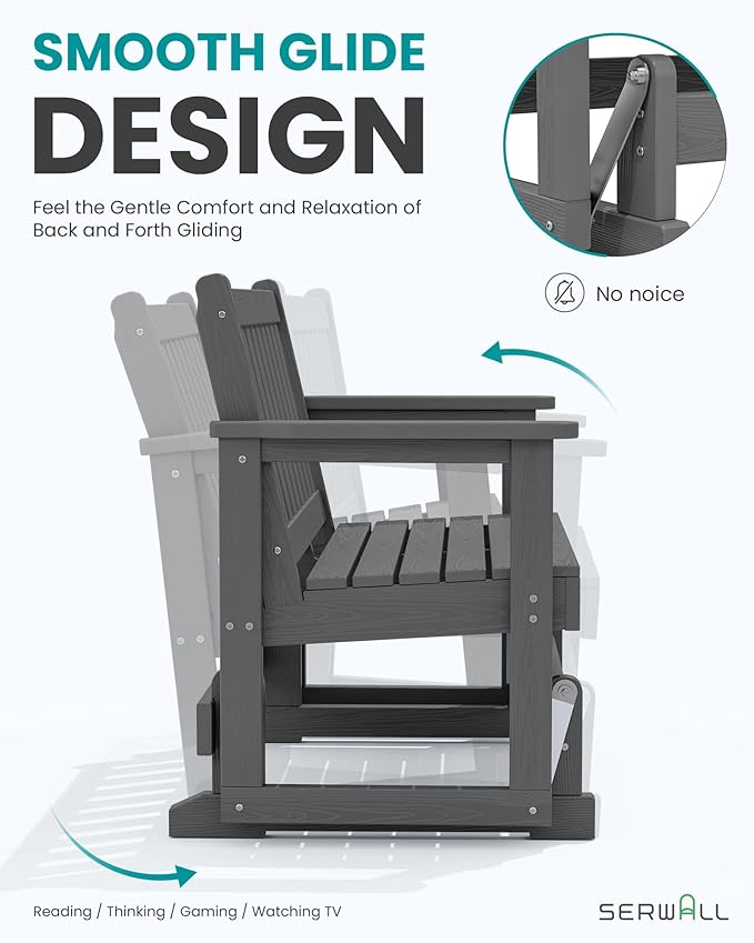 SERWALL Outdoor Glider Rocking Chair, HDPE All-Weather Resistant 2-Person Loveseat, Outdoor Rocking Bench Chair with 660LBS Capacity for Backyard Garden Porch, Grey