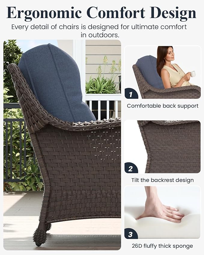 LayinSun 3 Piece Wicker Outdoor Furniture Set with 6-inch Comfy Cushions, High Back Patio Furniture Set with Rattan Armchairs and Side Table