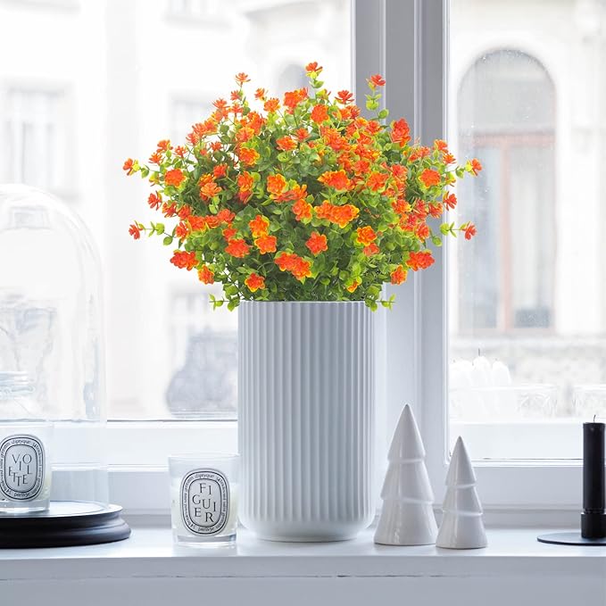 20 Bundles Artificial Flowers UV Resistant Fake Flowers No Fade Faux Plants Garden Porch Window Box Decorating (Orange)