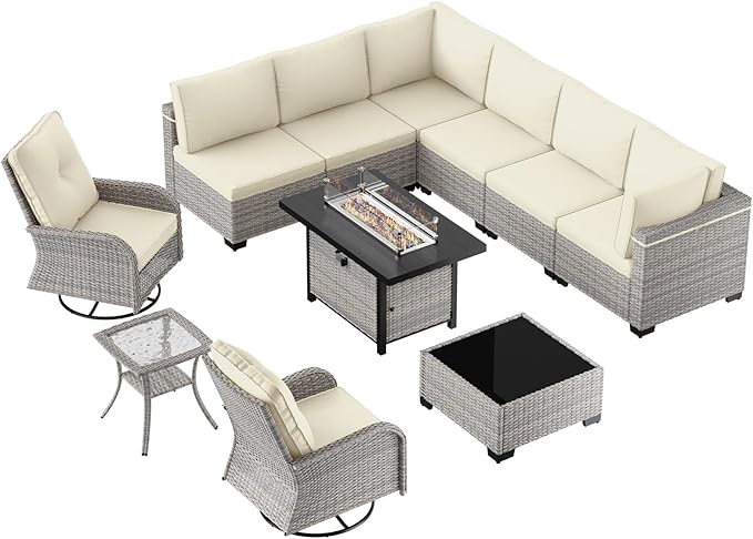 11-Piece Patio Furniture Set, Outdoor Patio Furniture with 55,000 BTU Fire Pit Table, Swivel Chairs Set, Thick Cushions, Modular Patio Sofa, Dual-Strand Wicker Rattan, Rust-Resistant Frame, Ivory