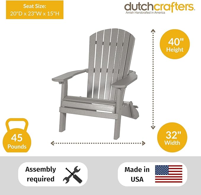DutchCrafters Adirondack Folding Chair with Arms, Handcrafted from Recycled Plastic Poly Lumber, Portable and Easy Storage for Outdoor Patio, Lawn, Garden, Camping Outdoor Furniture (Rustic Nutmeg)