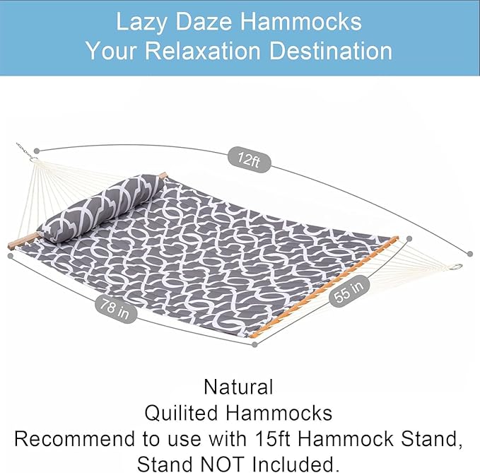 Lazy Daze Hammocks 12FT Quilted Fabric Hammock with Pillow, Double 2 Person Hammock with Spreader Bar for Outdoor Outside Patio Garden Yard, 450lbs Weight Capacity, HMQF-001GF