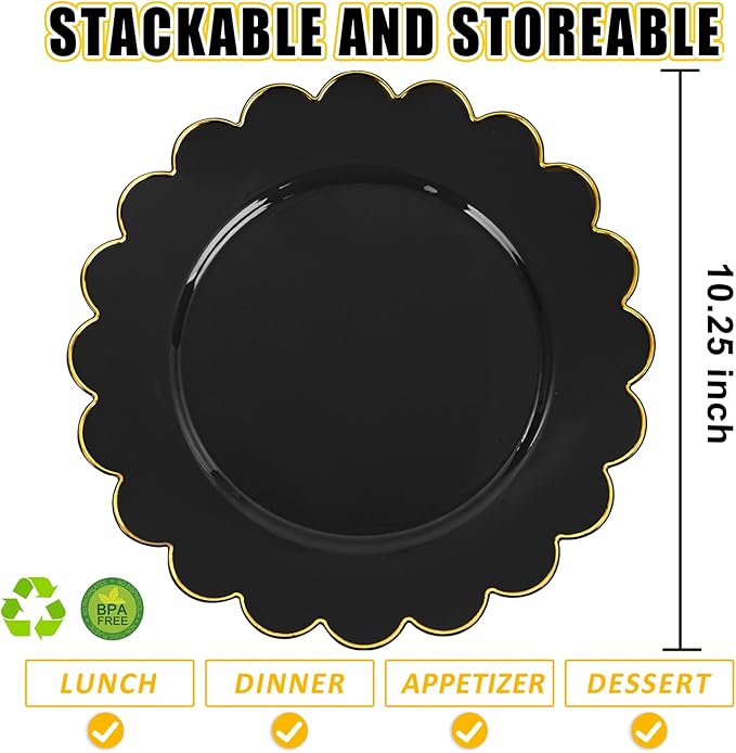 SUT 72 PCS Black Plates,Black Plastic Plates with Gold Rim, Plates Disposable Heavy Duty, 10.25 inch Plastic Dinner Plates, Black Disposable Plates for Party,New Year,Halloween
