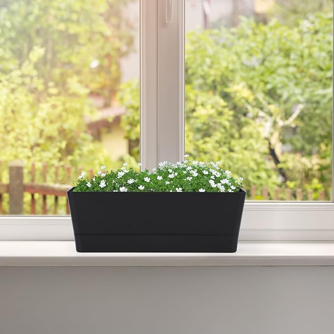 GREANER 6 Pack Herb Planters, 12x3.8 Inch Black Rectangle Window Boxes with Tray, Indoor Succulent Cactus Mint Plastic Pot for Windowsill, Balcony, Office, Outdoor Garden