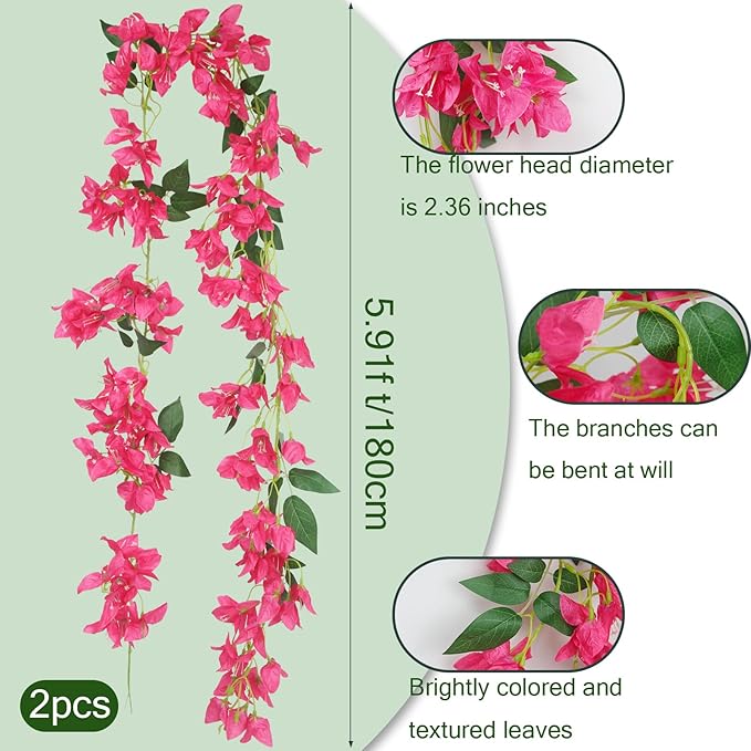 2Pcs Bougainvillea Artificial Hanging Flowers Plants for Outdoors Fake Silk Bougainvillea Vines Rose Red Artificial Flowers Garland UV Resistant Faux Flowers for Planter Porch Arch Table Decor