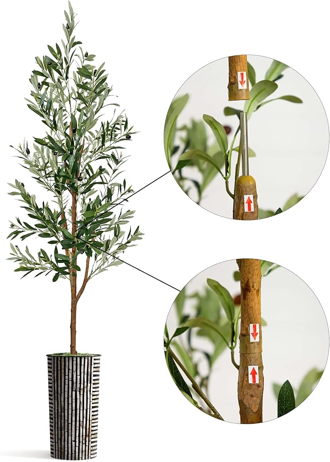 Artificial Tree in Black and Brown Striped Planter, Fake Olive Silk Tree for Indoor and Outdoor Home Decoration - 68" Overall Tall (Plant Pot Plus Tree)