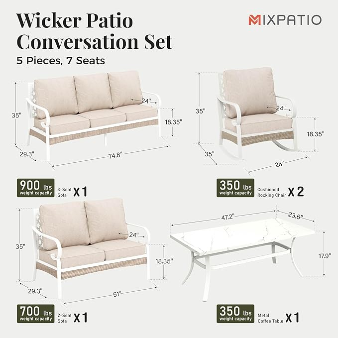 5 Piece Patio Furniture Set, 2 x Rocking Chair, 1 x 2-Seat Sofa, 1 x 3-Seat Sofa with Marbling Coffee Table, All Cushioned 7 Seats Outdoor Conversation Set, Beige