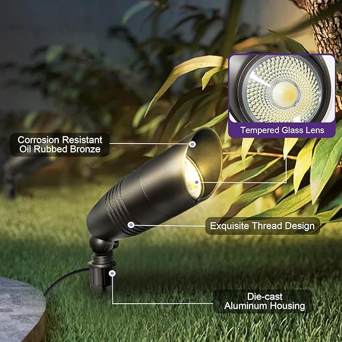 12-Pack Landscape Spot Lights Outdoor, 2700K-5000K Adjustable, 7W 580LM, IP65 Waterproof, CRI 90+, 12V Low Voltage Landscape Lighting for Garden, Yard, Bronze, ETL Listed