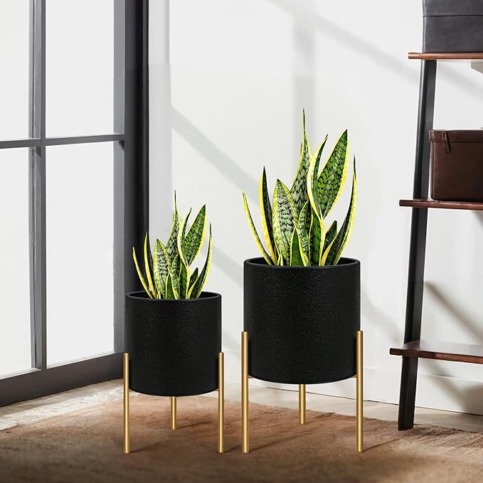 ARNIS Modern Planter Pots, Large Planters with Stand, Set of 2 Metal Planters for Plants with Drainage Holes for Living Room, Office, Garden or Balcony, 10.5 &12.25 Inch, Black