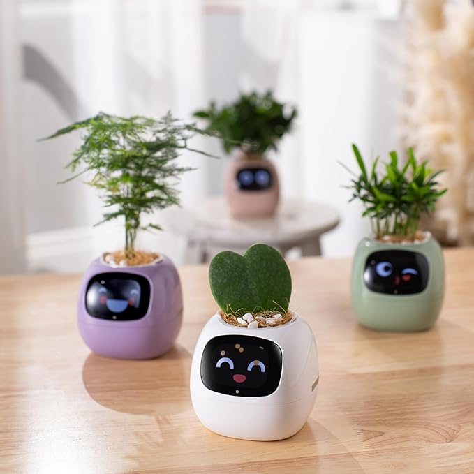 Smart pet Planter Robot Guidance on Plant Care with Emojis, Adorable Plant Companion with Rich Gesture Interaction, Neat Desk Setup Gift (Pink)