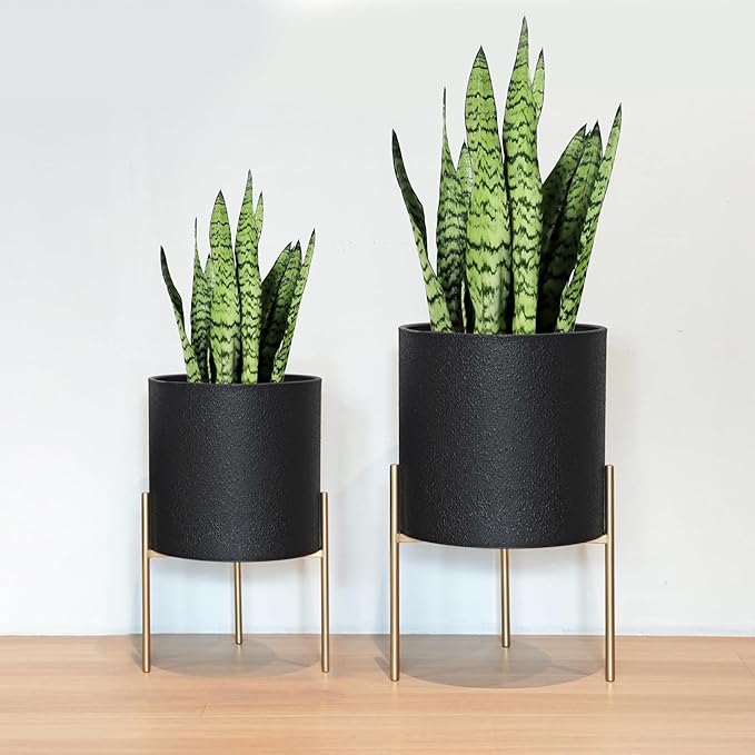 ARNIS Modern Planter Pots, Large Planters with Stand, Set of 2 Metal Planters for Plants with Drainage Holes for Living Room, Office, Garden or Balcony, 10.5 &12.25 Inch, Black