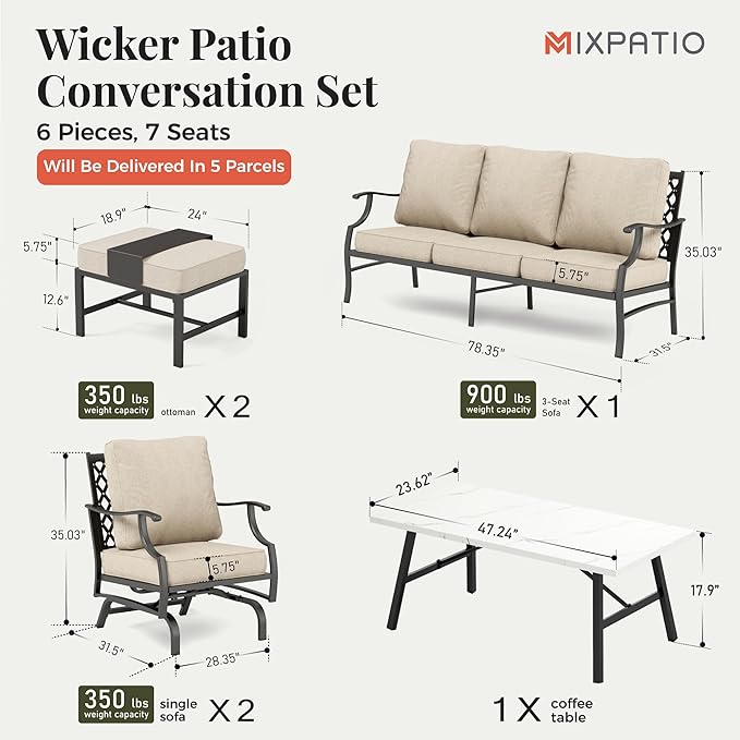 Patio Furniture Set 6 pcs, Outdoor Patio Furniture, 3-Seat Sofa, 2 Rocking Chairs, 2 Ottomans, Coffee Table and 5.75" Extra Thick Cushion, Patio Conversation Set for Backyard Deck,Beige