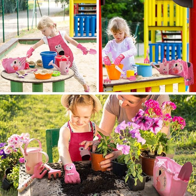 Kids Garden Tools, Yard Tools Kit for Garden, Beach, Outdoor Play, Include Shovel, Rake, Fork, Kids Apron, Tote Bag, Garden Gloves and Watering Can, Educational Garden Toys Gifts for Girls