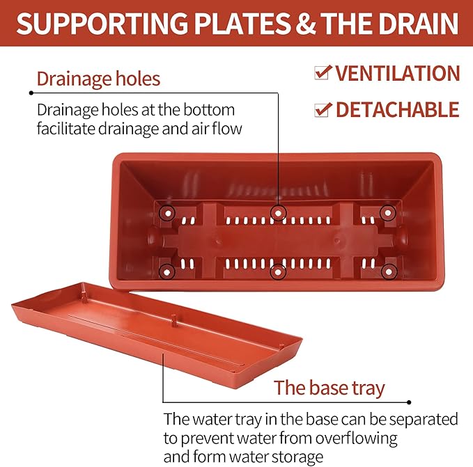 Window Box Planter, 7 Pack Plastic Vegetable Flower Planters Boxes 17 Inches Rectangular Flower Pots with Saucers for Indoor Outdoor Garden, Patio, Home Decor (Red)
