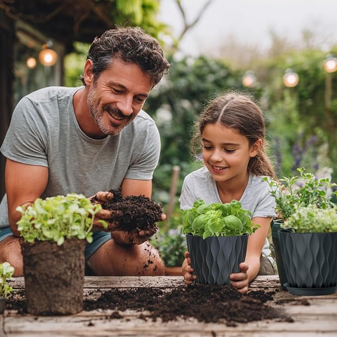 7 inch Plant Pots for Indoor Outdoor Plants, 5 Pack Thick Flowers Pots with Drainage Holes and Saucers, 3D Modern Wave Texture Plastic Planter Pots for House Plants, Black