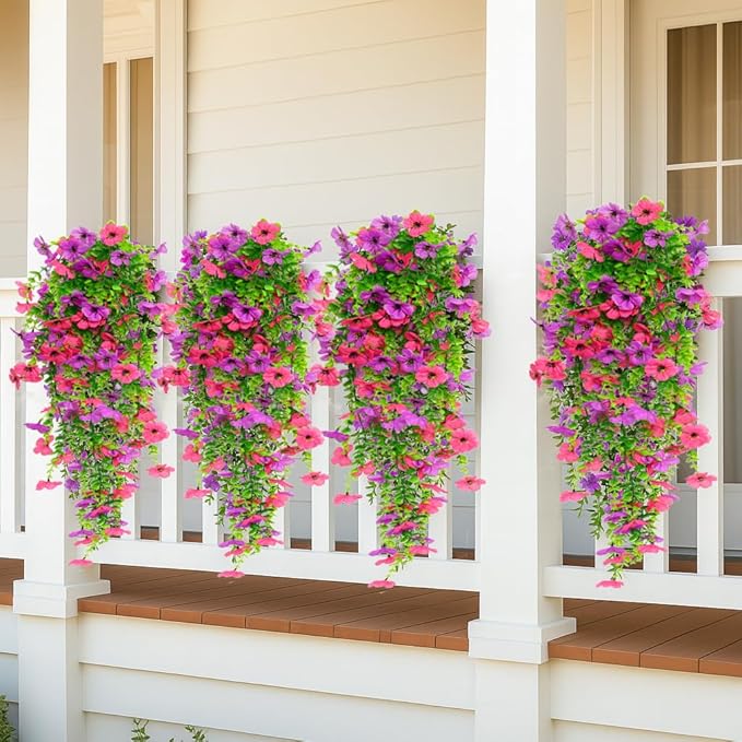 8PCS Artificial Hanging Flowers for Outdoors,Hanging Outdoor Faux Plants,UV Resistant Fake Flowers for Outdoor Planters,Realistic Fake Plants Spring Decor for Porch,Patio,Yard (RedPurple)