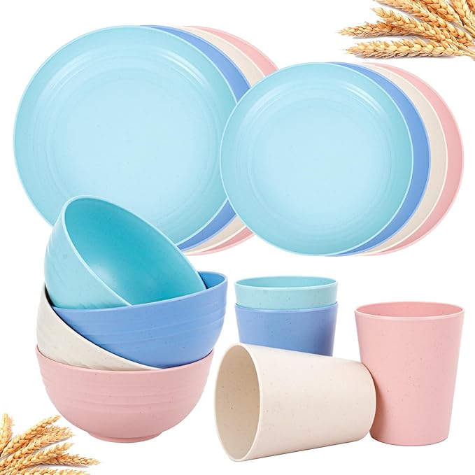 Rubtlamp Wheat Straw Plates and Bowls sets, Reusable Plastic Dishes Set for 4, Kitchen Wheat Straw Dinnerware Sets (Light Four Colors) Include Dinner Platos, Dessert Platos, Cereal Bowls, Cups