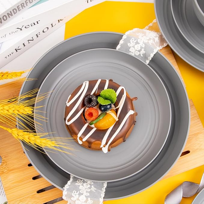 LIYH 48 Pcs Grey Plastic Wheat Straw Dinnerware Set - Plates and Bowls Sets, Camping Dish Set for 12, Unbreakable Dishwasher Safe Wheat Straw Plates Bowls Reusable 12 Guests