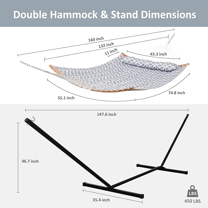 SUNCREAT Hammocks for Outside with Stand, Freestanding Hammock with Frame, 450 lbs Capacity, Grey Pattern
