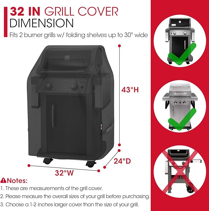 Unicook 2 Burner Grill Cover 32 Inch, Outdoor Small BBQ Cover with Side Handles and Straps, Heavy Duty Waterproof, Compatible for Weber Char-Broil Nexgrill Gas Grills with Collapsed Side Tables
