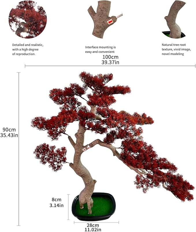 3ft（43in） Artificial Bonsai Tree Juniper Faux Plants Indoor Big Fake Plants Decor with Ceramic Pots for Home Table Office Desk Bathroom Shelf Bedroom Living Room Farmhouse Decorations (Red)