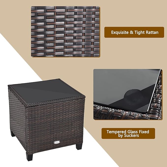 HAPPYGRILL 3 Pieces Patio Conversation Set, Outdoor Furniture Set PE Rattan Sofa Set with Removable Cushions, PE Wicker Chairs with Tempered Glass Side Table for Porch Lawn Garden Balcony Backyard