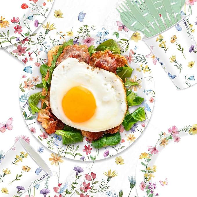 141PCS Wildflower Party Decorations Spring Floral Baby Shower Birthday Decorations - Include Plates and Napkins Forks Cups Straws Tablecloch for Wildflower Baby Shower Decorations Serves 20 Guests