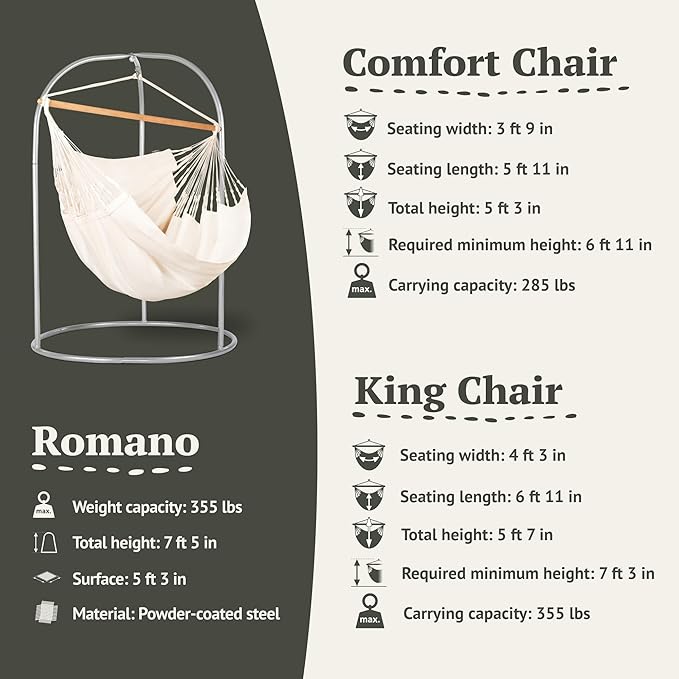 LA SIESTA - XL King Habana Cotton Hammock & Romano Steel Stand - Indoor Outdoor Hanging Chair Swing for Bedroom Porch Balcony - Boho Hanging Chair - Latte