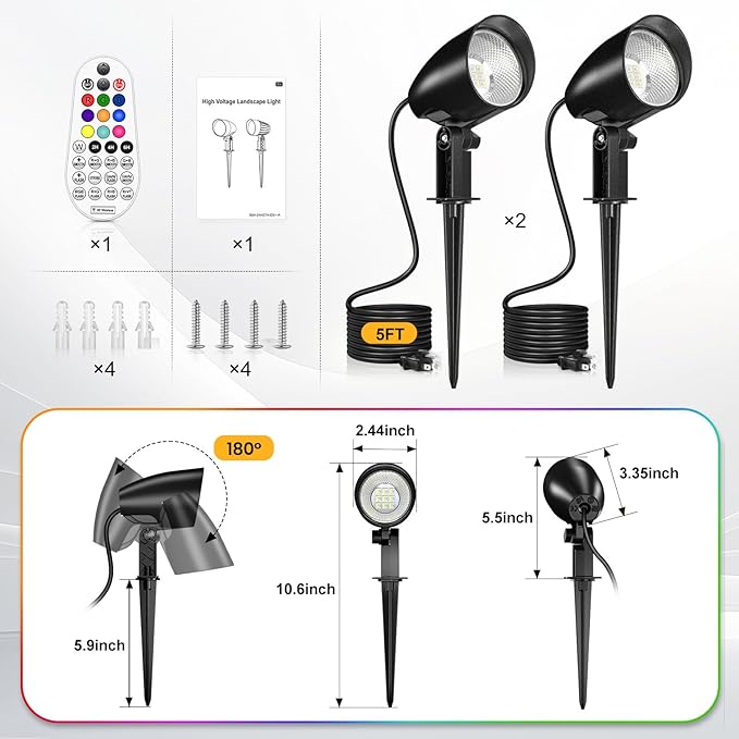 20W RGBW Landscape Lighting Color Changing Outdoor Spotlight with Remote Control 1880LM IP66 Waterproof LED Spot Lights for Christmas Halloween Decorative Garden Pathway 120V US Plug 2 Pack