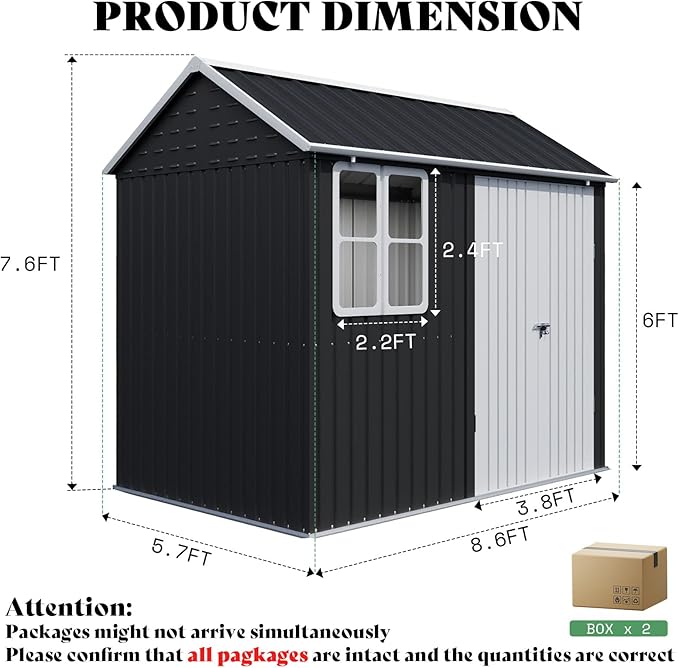 VanAcc 8.6x6x8 FT Outdoor Storage Shed with Lockable Hinged Double Doors and Upgraded Vents, Metal Shed for Backyard, Garden, Patio, Dark Black/White