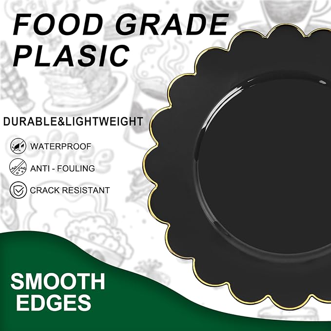 SUT 72 PCS Black Plates,Black Plastic Plates with Gold Rim, Black Party Plates, Plastic Plates for Party, 7.5 inch Plastic Dessert Plates, Black Disposable Plates for Party,New Year,Halloween
