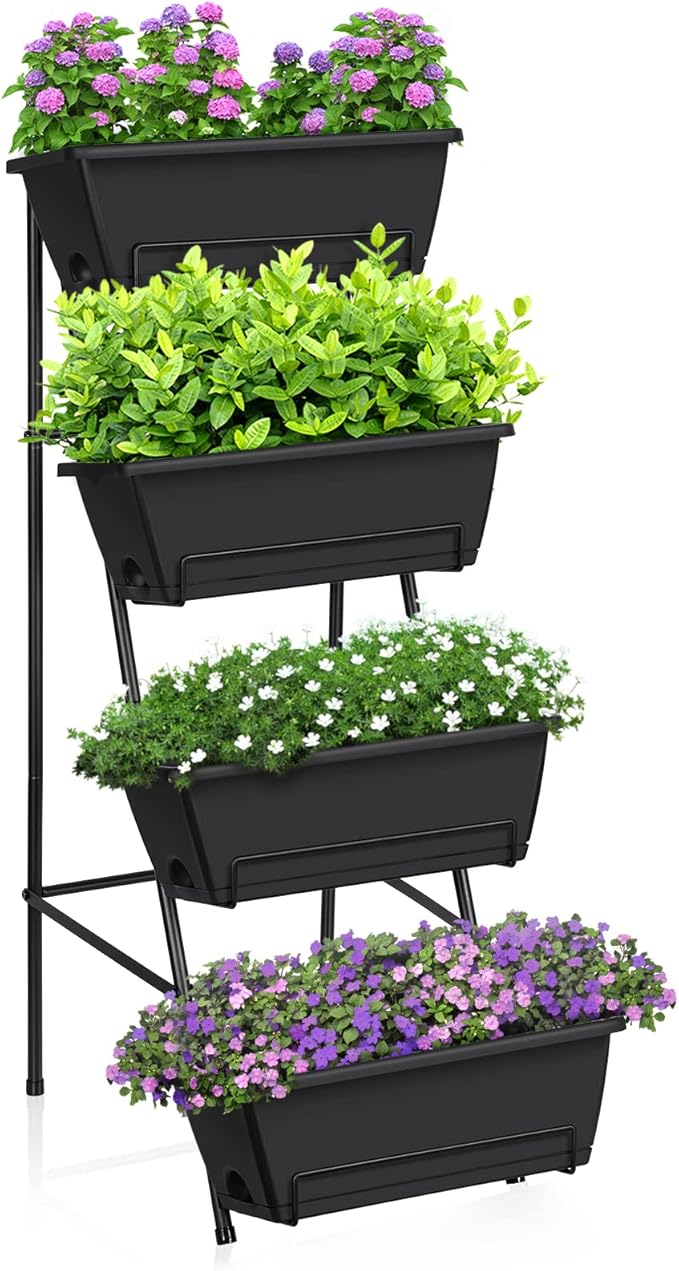 OYEAL Raised Garden Bed 4 Tier Vertical Garden Planters Indoor Outdoor Raised Planter Box with Legs Elevated Herb Garden Planter for Flowers Vegetables Plants, Black