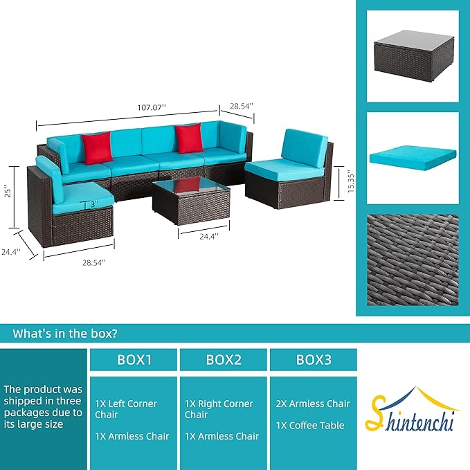 Shintenchi 7 Pieces Patio Furniture Sets Outdoor All-Weather Sectional Patio Sofa Set PE Rattan Manual Weaving Wicker Patio Conversation Set with Glass Table&Ottoman Cushion and Red Pillows, Blue