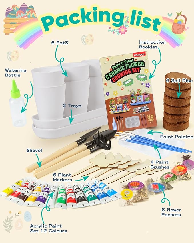 RGBDOT Kids Gardening Set Paint and Plant Stoneware Flower Growing Kit with 6 Pots and Gardening Tools Arts and Crafts for Kids Ages 8-12 Best Children’s Day Gift for Girls Boys Ages 5 6 7 8 9 10