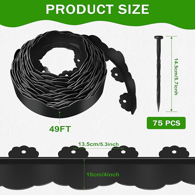 Landscape Edging Border 4 in Tall 49FT No Dig Garden Edging Borders with 75pcs Spikes Plastic Lawn Edging for Yard, Pathway and Flower Beds Fence, Black