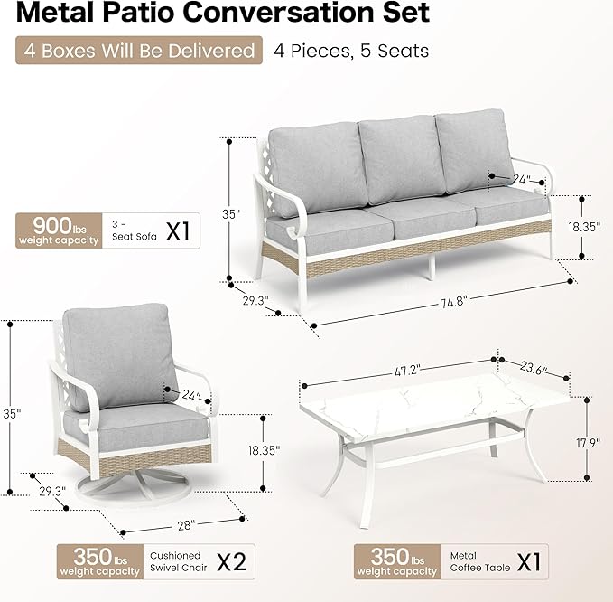 4 PCS Metal Outdoor Patio Furniture Set, Patio Conversation Sets 1 3-Seater Sofa, 2 Swivel Chairs with 5.75" Extra Thick Cushion and Coffee Table, White Frame Backyard Furniture, Gray