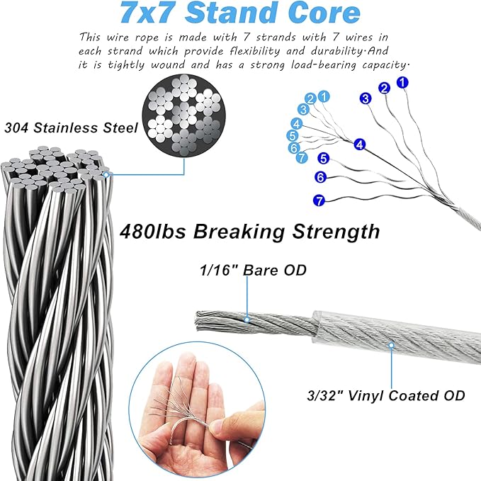 84 Pcs Sun Shade Sail Hardware Kit with Cable Wire Rope for Rectangle Square Triangle Shade Sail Installation, 6 inch 304 Grade Stainless for Garden,Outdoors,DIY Crafts,Railing