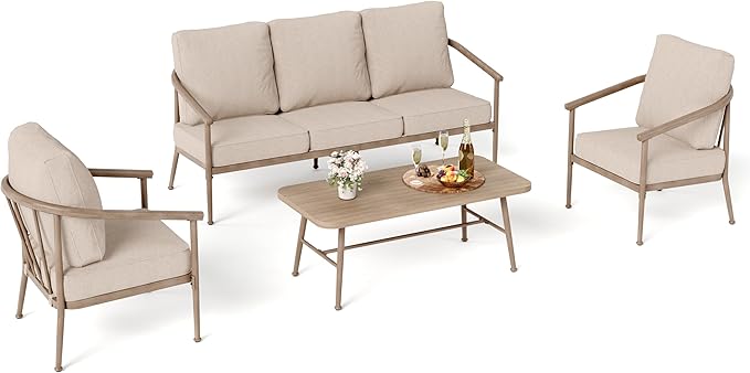 Outdoor Patio Furniture Set, 4-Piece Steel Patio Outdoor Conversation Sets with Washable Thick Cushions & Coffee Table, Windsor Outdoor Patio Sectional for Garden, Backyard, Balcony - Beige