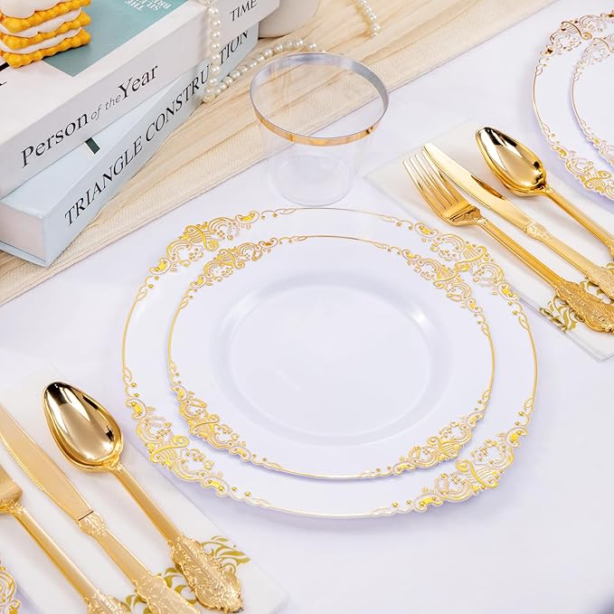 Hioasis 350pcs White and Gold Plastic Plates - Elegant Disposable Dinnerware Set Include 10.25" Dinner & 7.5" Dessert Plates, Knives, Forks, Spoons, Napkins, Cups for Party & Thanksgiving