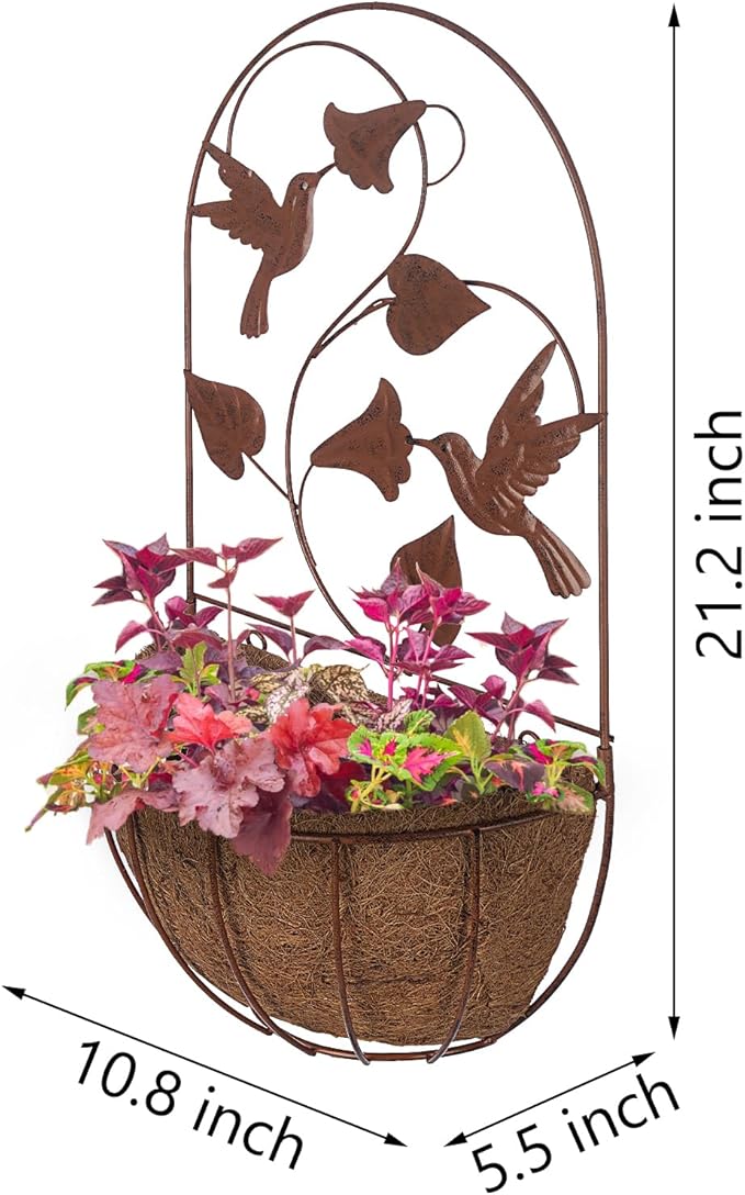 BAYN 2PKs Wall Hanging Planter Decor Art with Hummingbirds, Metal Wall Mounted Planters Indoor Outdoor Wall Planter for Succulent Herb Home Garden Yard