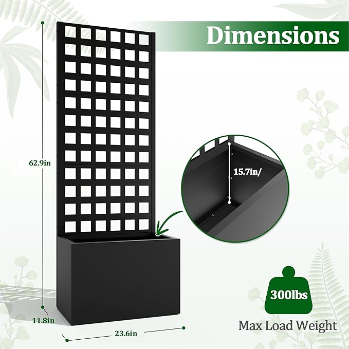 Metal Raised Garden Bed with Trellis, 2 in 1 Trellis with Planter Box & Privacy Screen for Climbing Plants, Vine, Outdoor Standing Flower Beds with Drainage Holes, 23.6"L x 11.8"W x 63"H, Black
