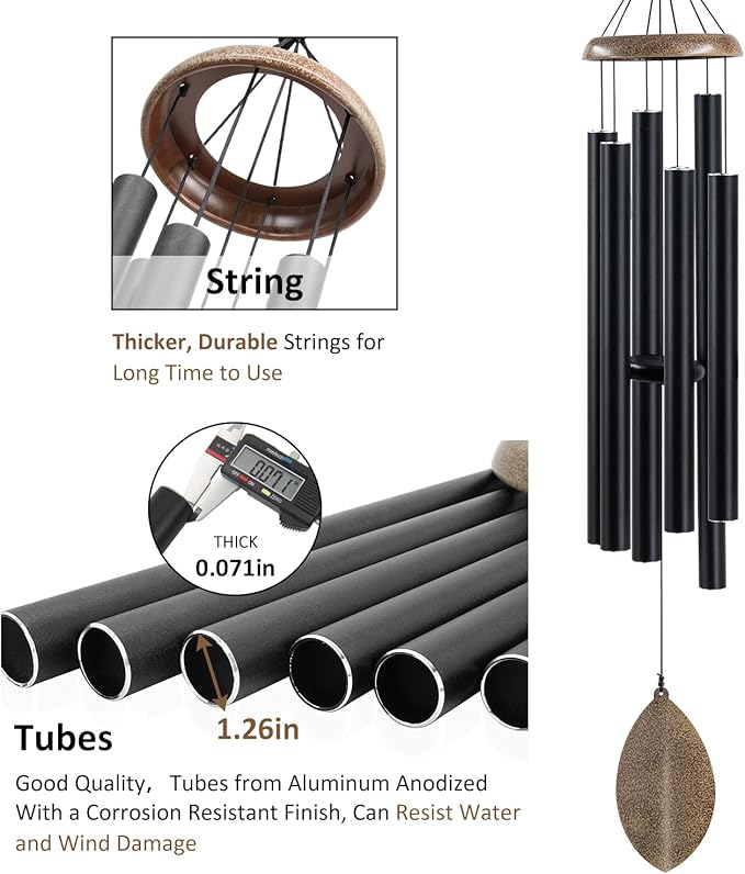 Wind Chimes Outside Deep Tone, 45 in WindChimes Large with 6 Heavy Tubes, Large Deep Tone Wind Chime Outdoor for Garden Hanging Décor,Sympathy Gifts, Black