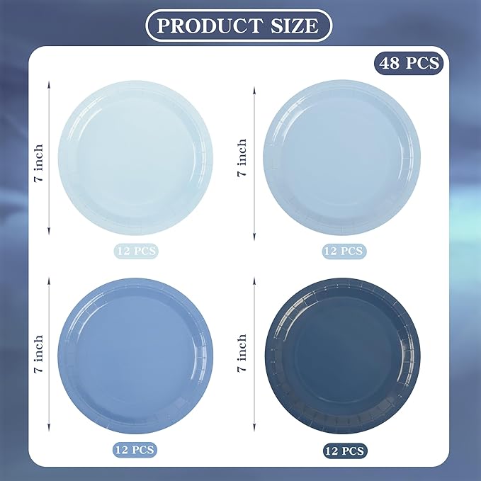 Dusty Blue Paper Plates Gradient Blue Party Plates 7”Disposable Round Dessert Plates for Birthday Wedding Bridal Engagement Baby Shower Party Supplies 4 Colors (48)