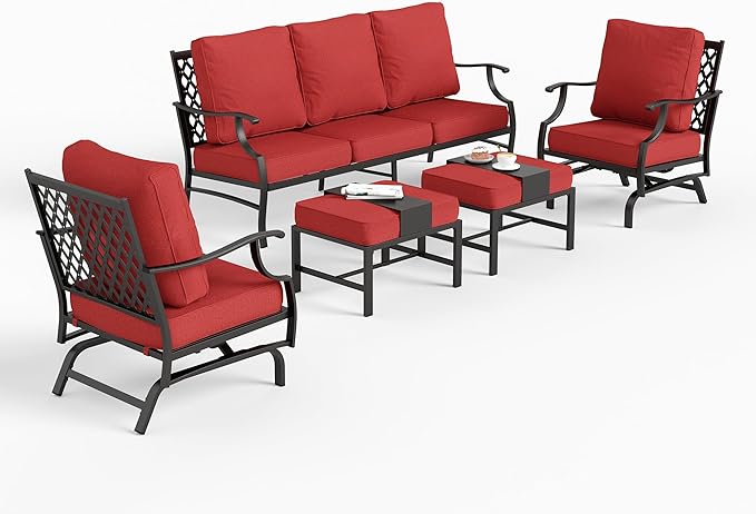 7 Piece Metal Outdoor Patio Furniture Set, Patio Conversation Sets 3-Seater Sofa, 2 Rocking Chair, 2 Ottomans with 5.75" Thick Cushion, Black All-Weather Frame Backyard Furniture, Red