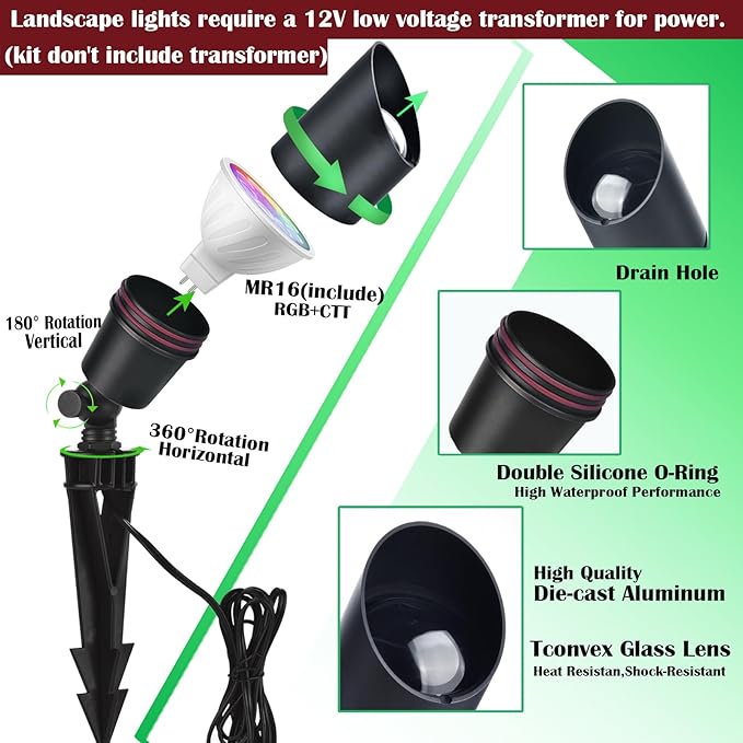 RGB Landscape Lighting, Smart Low Voltage Landscape Lighting Kit with Color Changing, 4 Pack 12 Volt Landscape Lights, Outdoor Spot Lights for Yard Garden Lighting,Remote/APP/Voice Control.