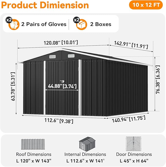 10x12FT Outdoor Storage Shed, Metal Garden Shed with Lockable Double Doors & Sloping Roof, Weather-Resistant Tool Shed for Backyard, Patio, Poolside Black