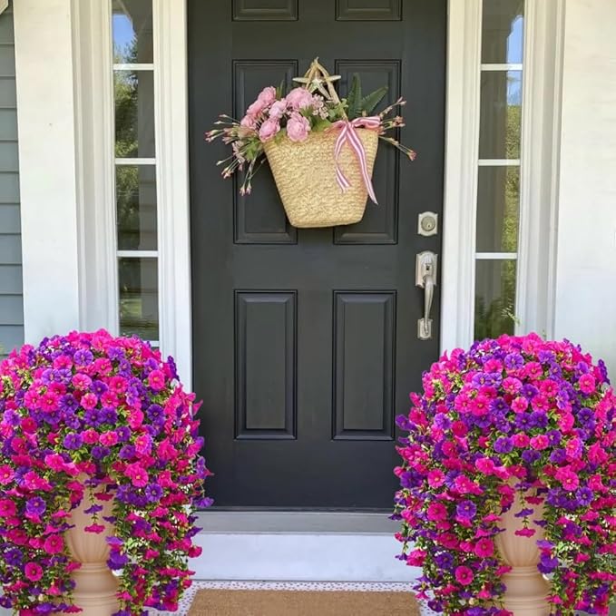 4PCS Artificial Hanging Flowers for Outdoor Decor UV Resistant Fake Morning Glory Realistic Silk Spring Summer Hanging Plants for Porch Patio Balcony Yard (Double Purple)